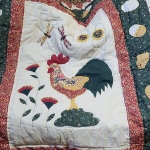 Floral Rooster Quilt with Green and Red Accents Size 58" X 96" Handmade New
